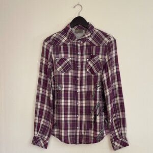 Miss Me Purple Plaid Button Down Flannel Shirt Embellished Sleeve Size M